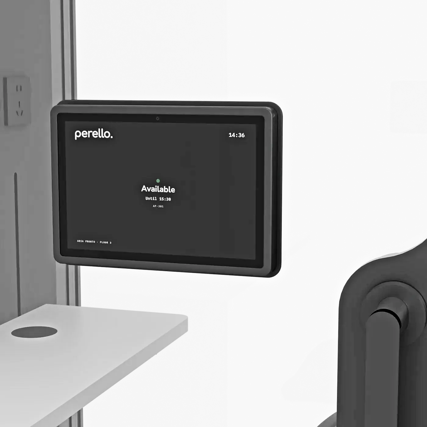 Concept illustration: a booking screen beside the door handle of an Aria Pronto.