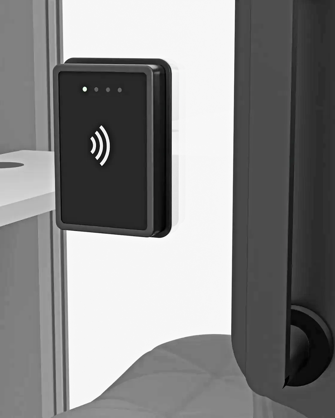 Concept illustration: a card reader beside an Aria Pronto door.